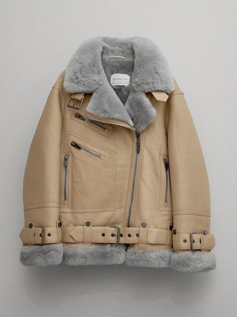 Women’s Beige Shearling Biker Jacket with Gray Fur Collar